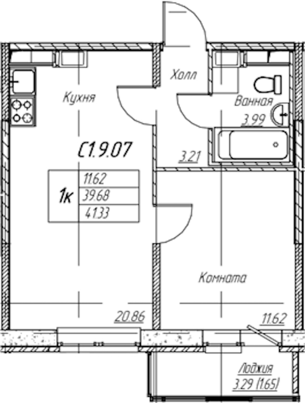 1-комнатная квартира 41.33 м², 9/22 эт., ЖК «Парк-квартал Юнтолово»